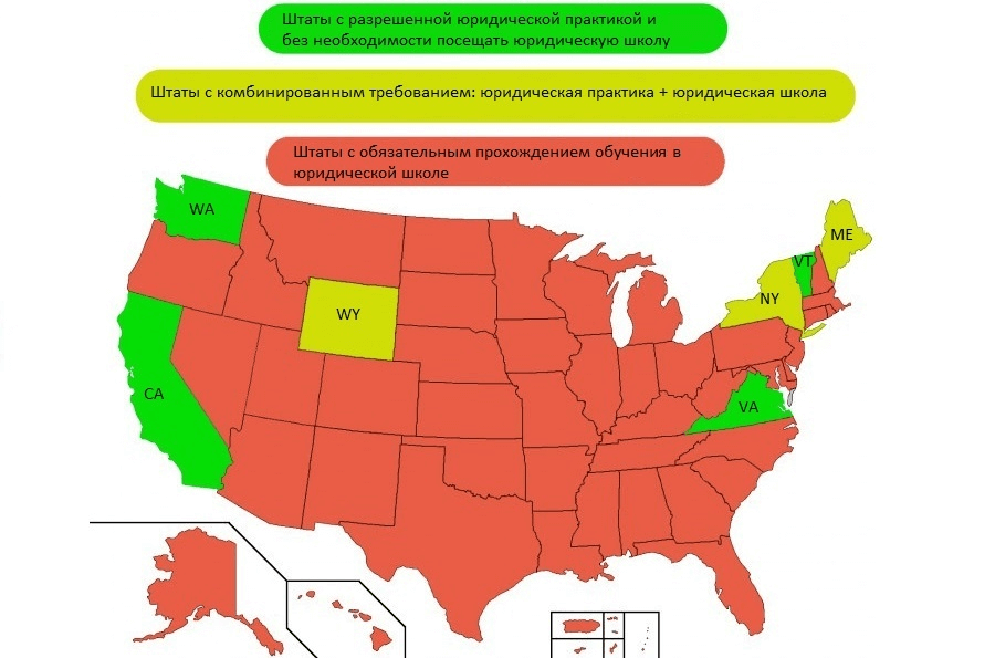 Карта bar exam с показателем необходимости обучения в юридической школе по штатам