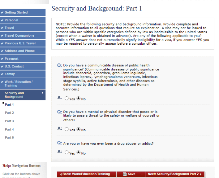 Анкета DS-160. Security and Background