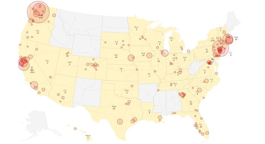 Коронавирус в США. Карта зафиксированных случаев заражения