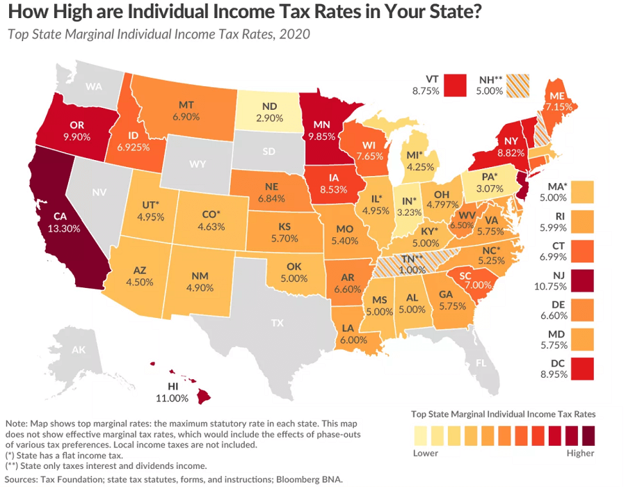Подоходный налог в США по штатам в 2017 году. Карта. 