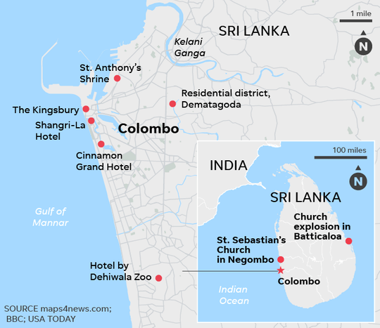 Теракты на Шри-Ланке. Карта